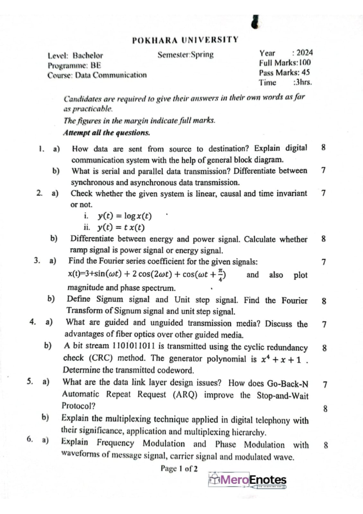 PU BE Computer Data Communication Question paper 3rd Sem
