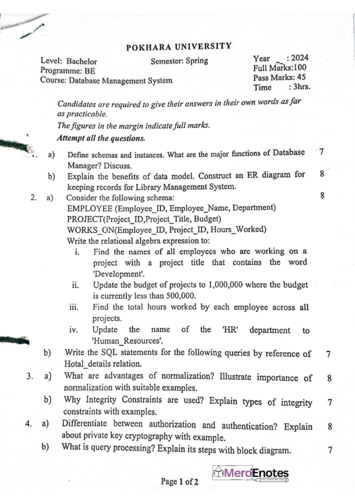 PU BE Computer Database Management System Question paper 3rd Sem