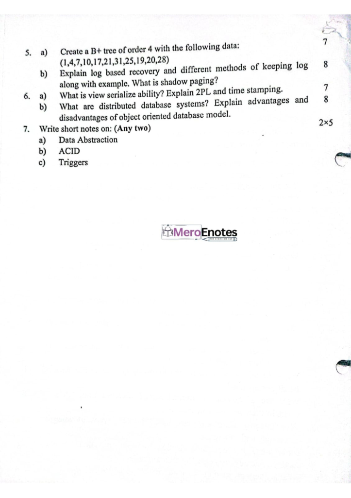 PU BE Computer Database Management System Question paper 3rd Sem