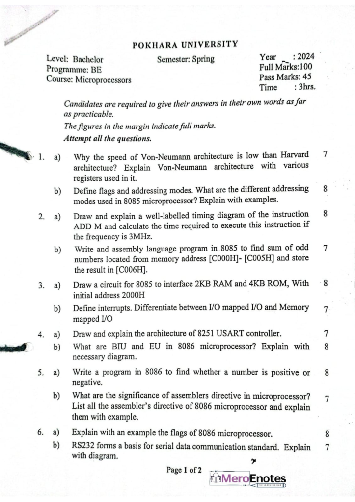 PU BE Computer Microprocessor Question paper 3rd Sem