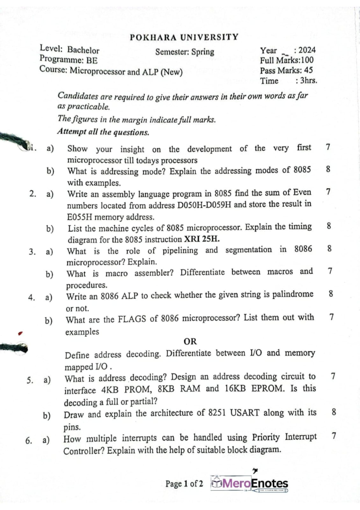 Pokhara University BE Computer Microprocessor Question paper 3rd Semester