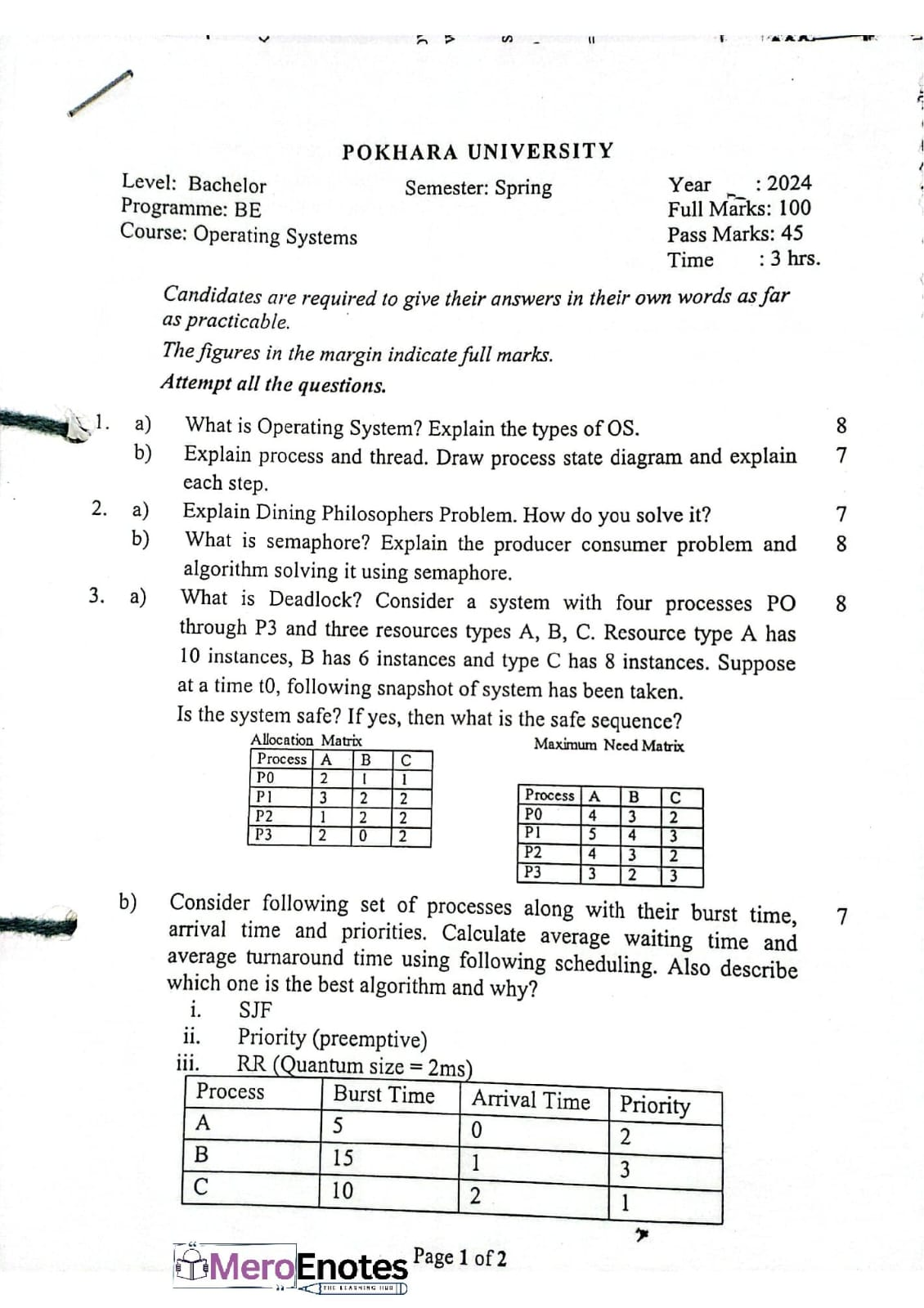 PU BE Computer Operating System Question paper 3rd Sem - Mero Enotes