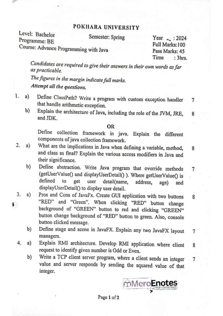 PU BE Computer Advance Programming with JAVA Question paper 3rd Sem
