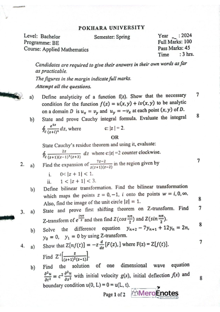 PU BE Computer Applied Mathematics Question paper 4th Sem