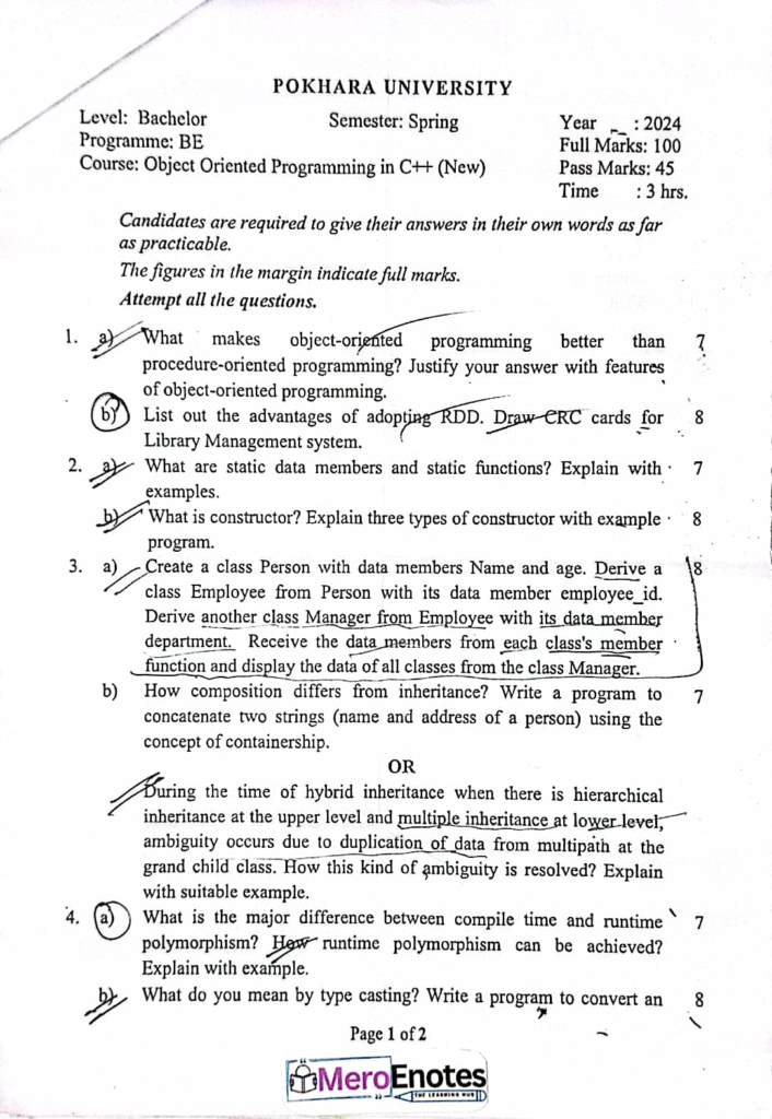 PU BE Computer OOPs C++ Question paper 2nd Sem (2024 Fall)