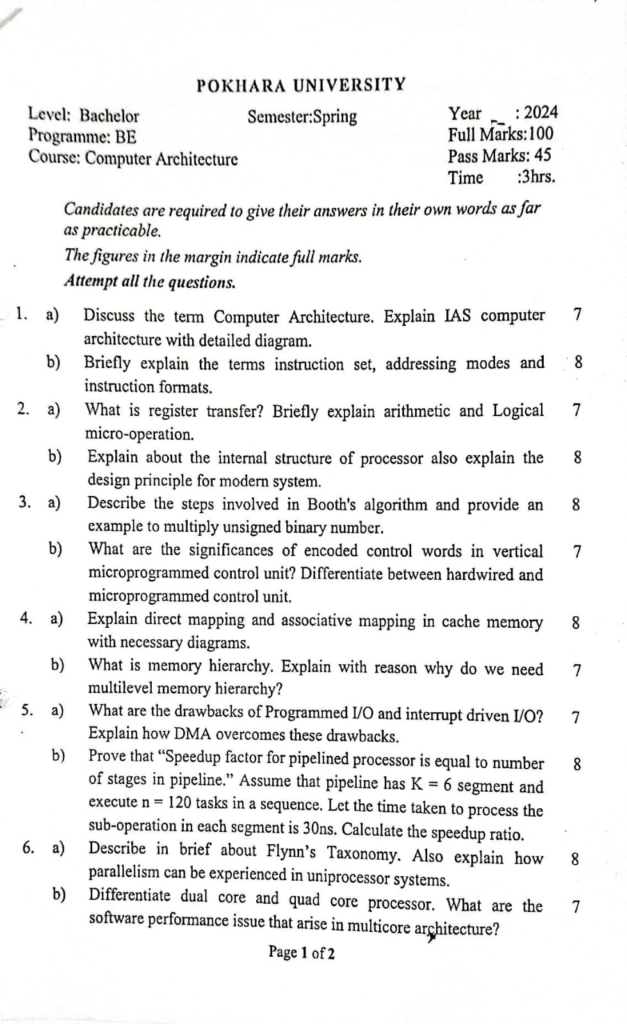 PU BE Computer Computer Architecture Question paper 4th Sem
