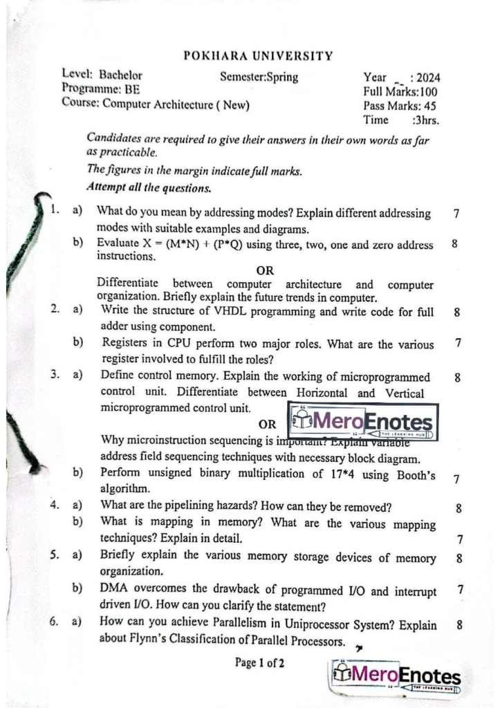 PU BE Computer Computer Architecture Question paper 4th Sem