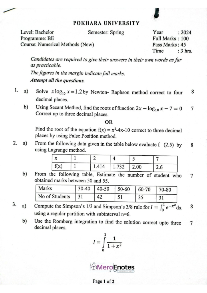 PU BE Computer Numerical Methods Question paper 4th Sem