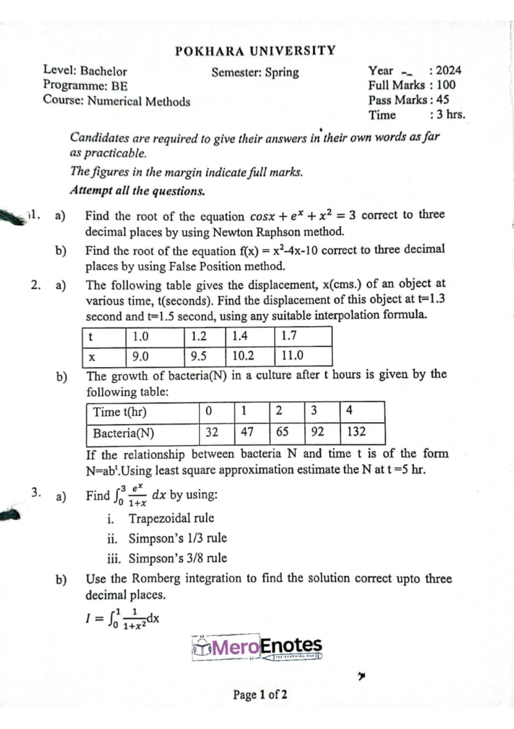PU BE Computer Numerical Methods Question paper 4th Sem