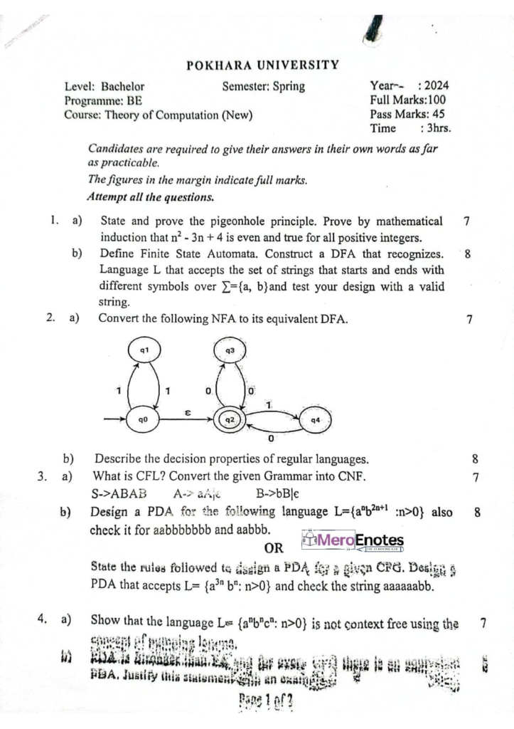 PU BE Computer Theory of Computation Question paper 4th Sem