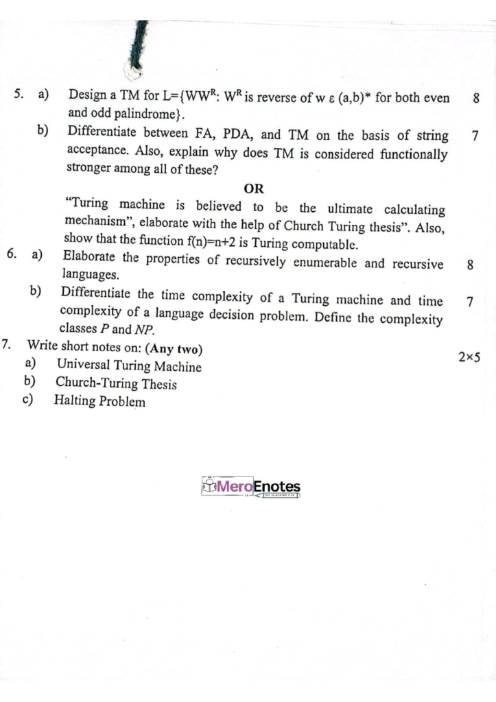 PU BE Computer Theory of Computation Question paper 4th Sem