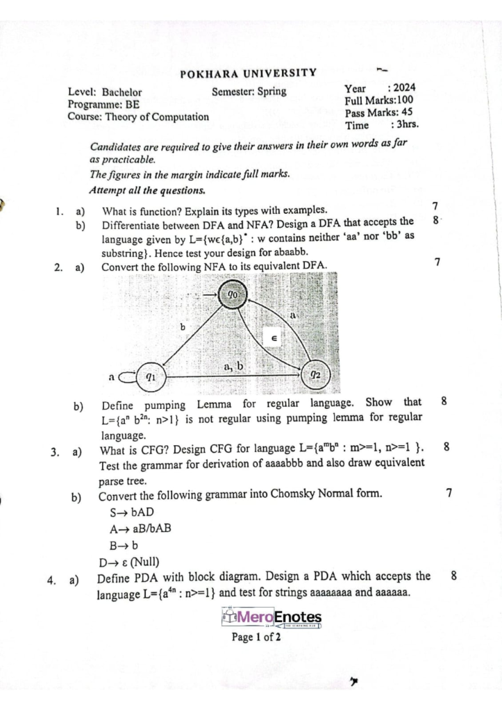 PU BE Computer Theory of Computation Question paper 4th Sem