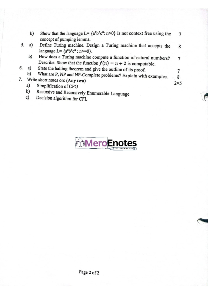 PU BE Computer Theory of Computation Question paper 4th Sem
