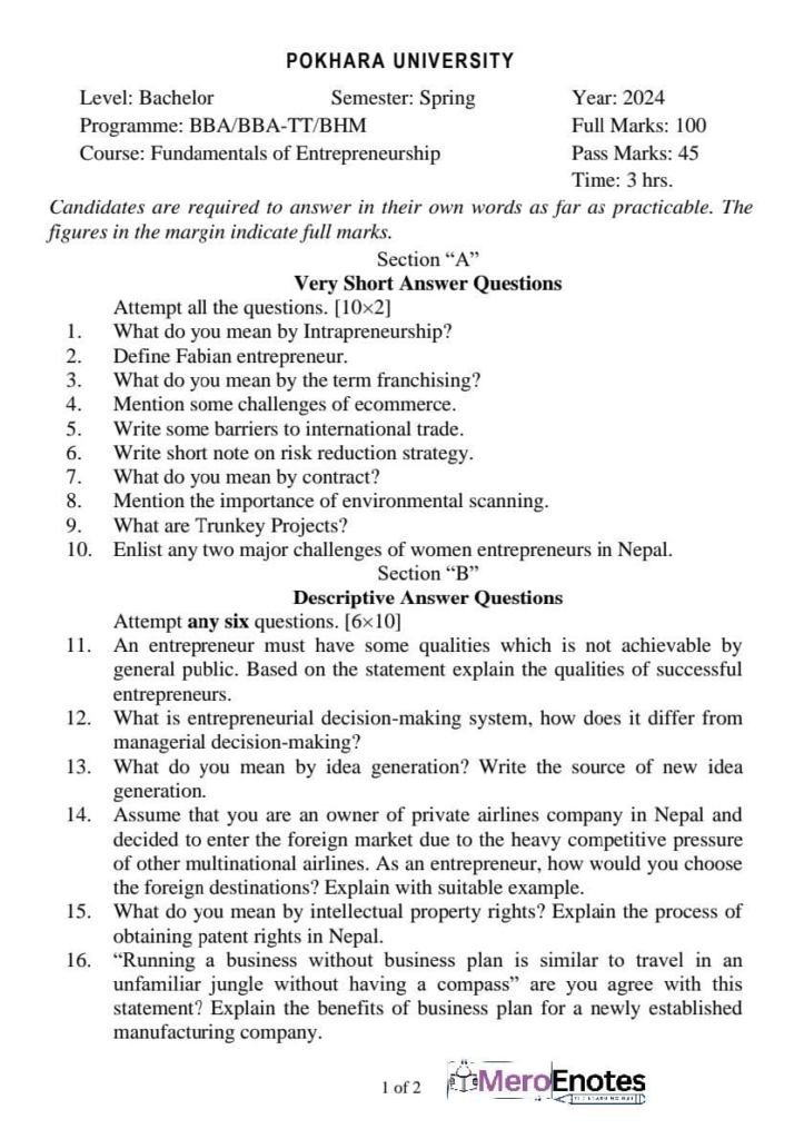 PU BBA Fundamentals of Entrepreneurship Question paper 7th Semester