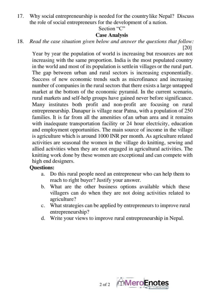 PU BBA Fundamentals of Entrepreneurship Question paper 7th Semester
