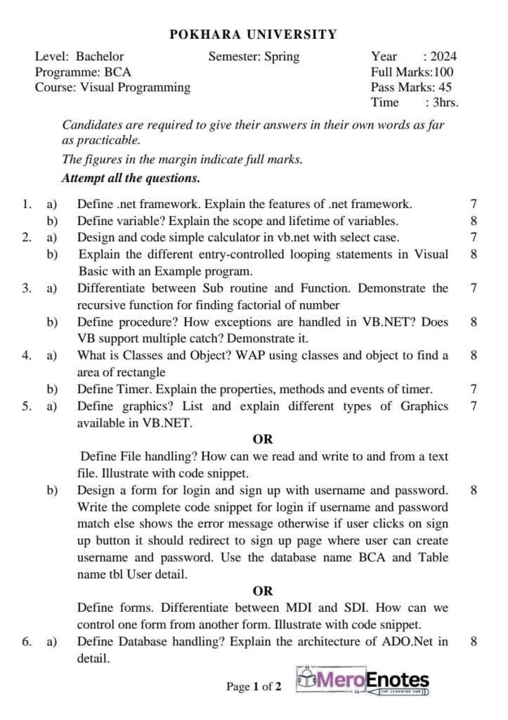 Pokhara University PU BCA Visual Programming Question Paper 4th Semester