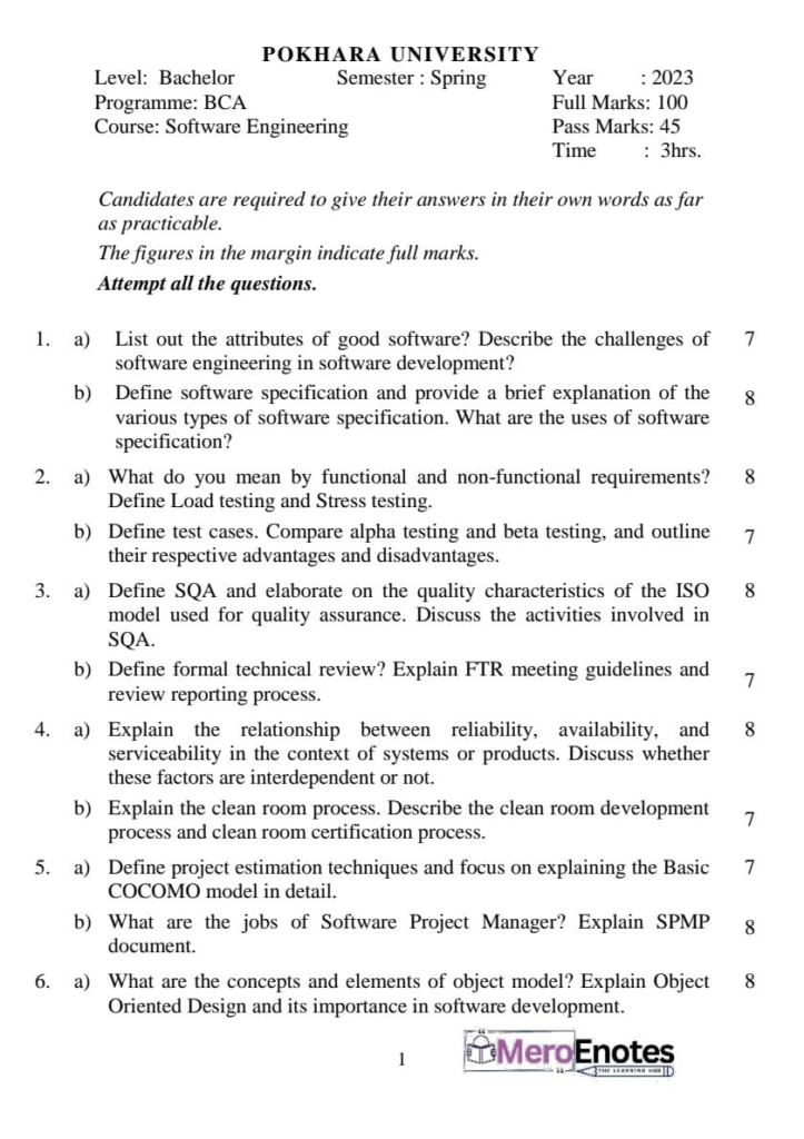 Pokhara University PU BCA Software Engineering Question Paper 5th Semester