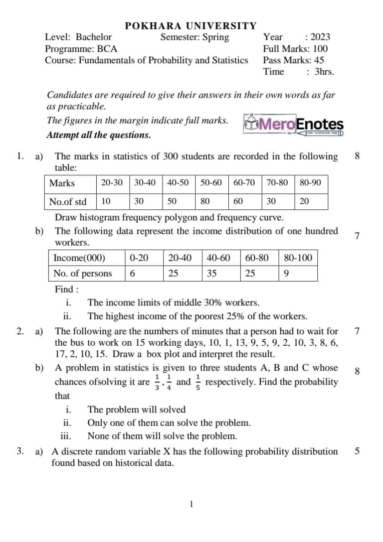 Pokhara University PU BCA Probability & Statistics Question Paper 4th ...