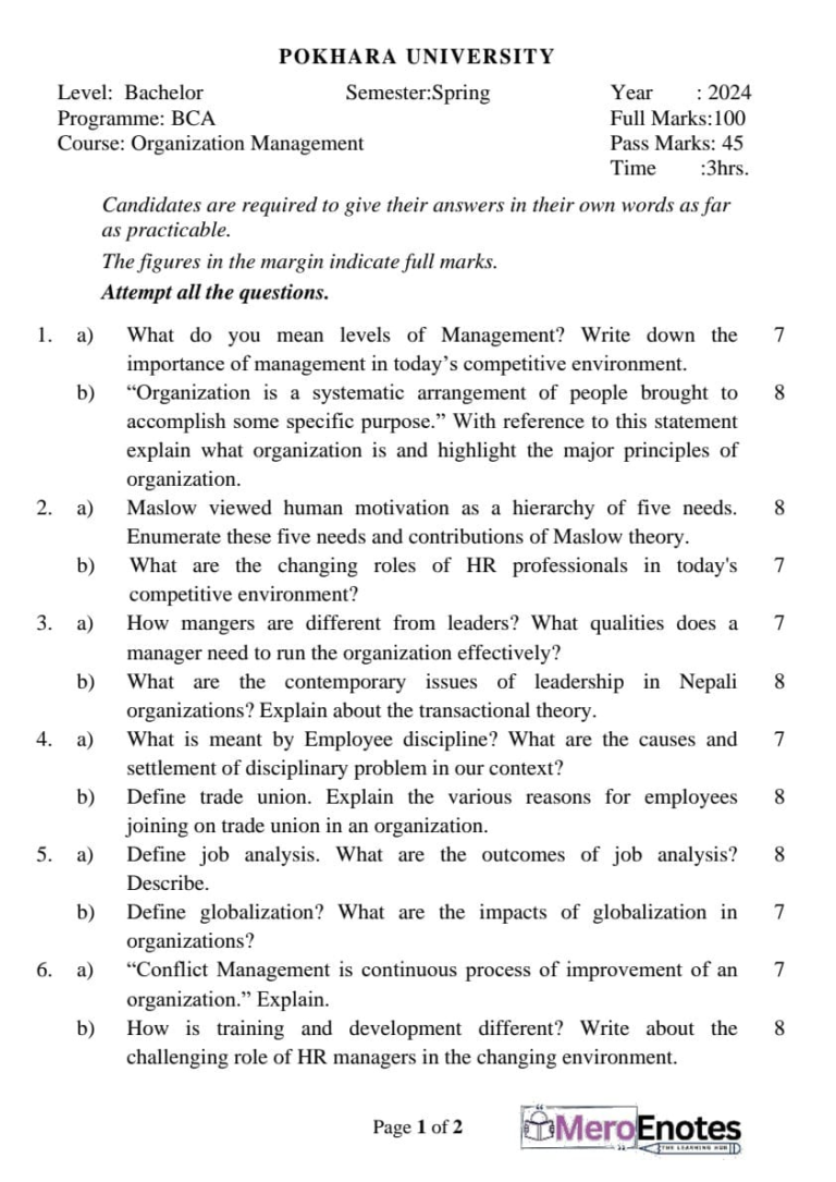 Pokhara University PU BCA Organization & Management Question Paper 6th ...
