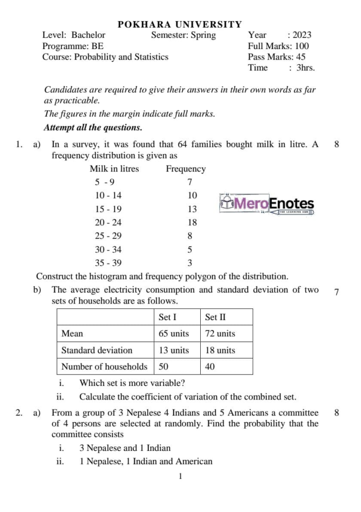 PU BE Computer Probability and Statistics Question paper 5th Semester