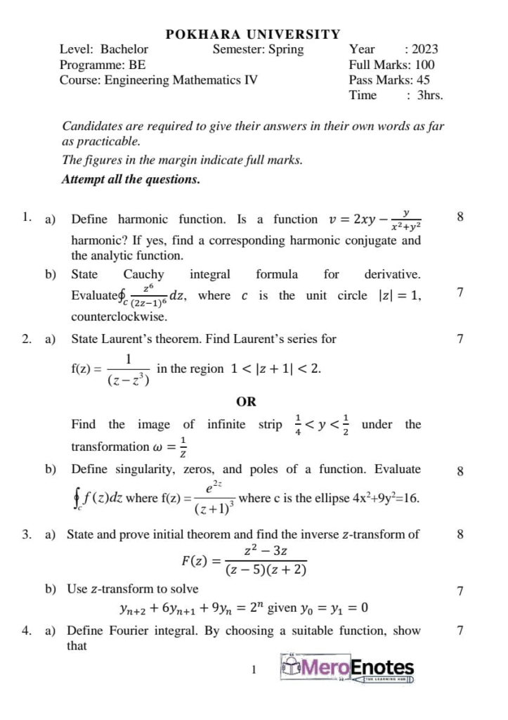 PU BE Computer Engineering Mathematics IV Question paper 5th Semester