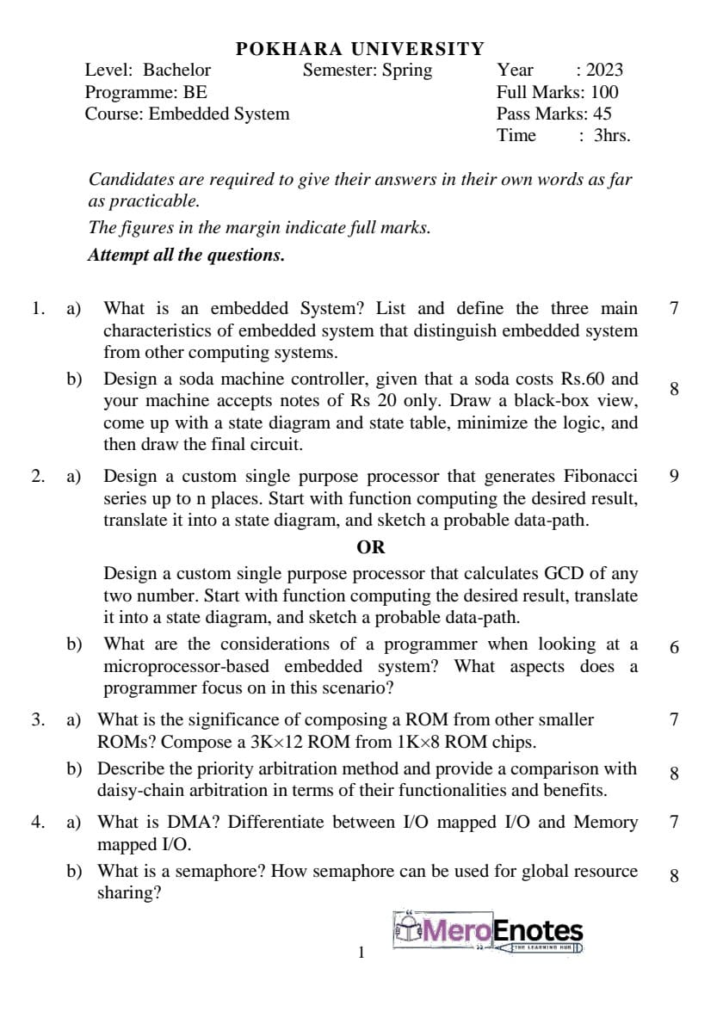 PU BE Computer Embedded System Question paper 5th Semester