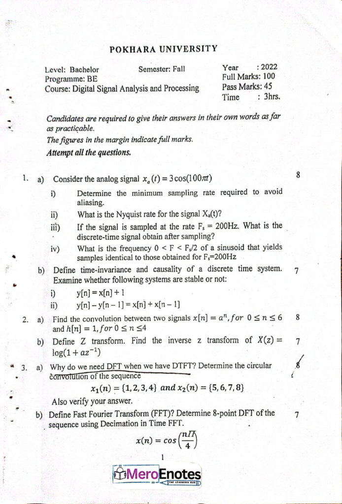 PU BE Computer Digital Signal Analysis and Processing Question paper 5th Semester