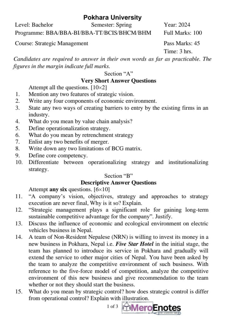 PU BBA Strategic Management Question paper 8th Semester