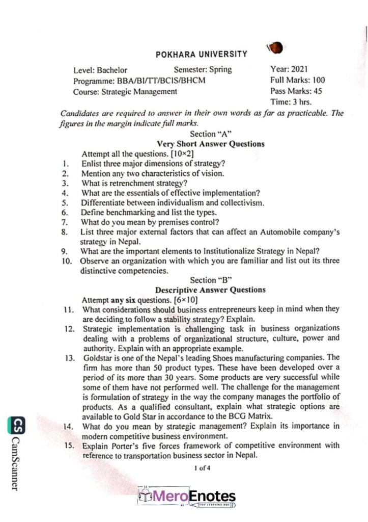 PU BBA Strategic Management Question paper 8th Semester