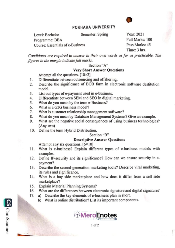 PU BBA Essential of e-Business Question paper 8th Semester