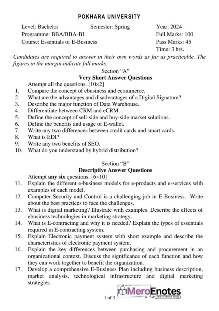 PU BBA Essential of e-Business Question paper 8th Semester