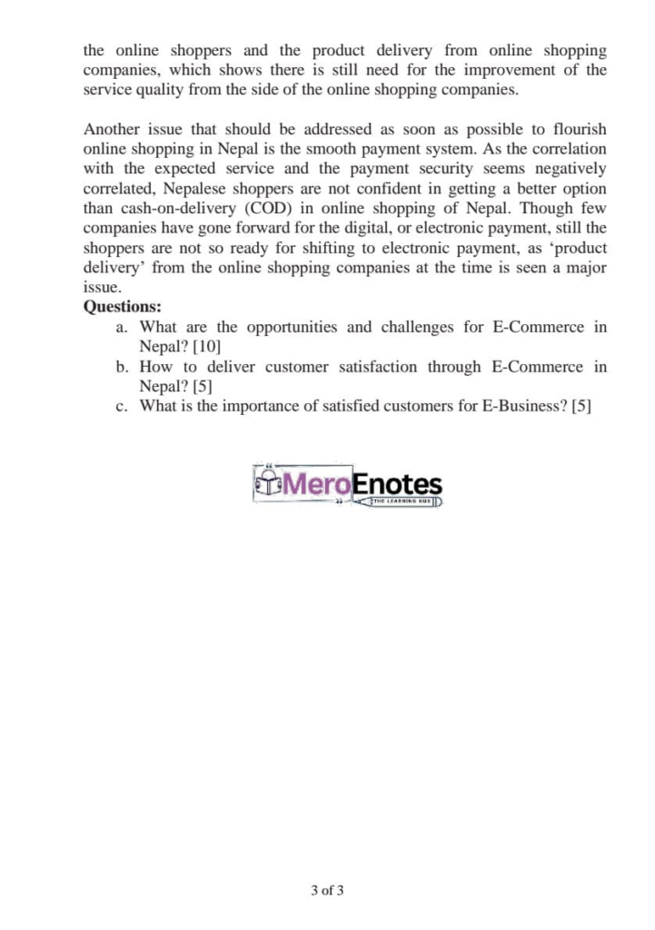 PU BBA Essential of e-Business Question paper 8th Semester