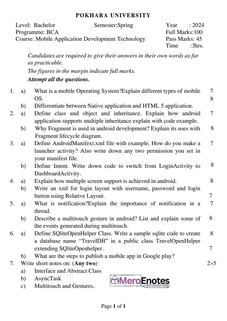 PU BCA Mobile Application Development Technology Question paper 8th Semester