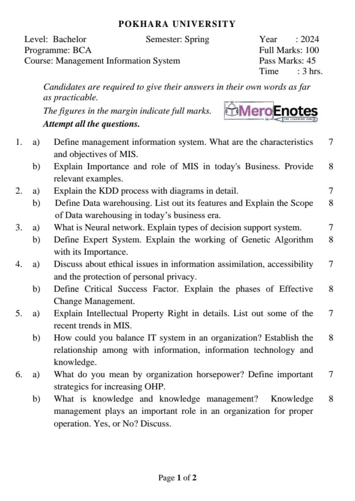 PU BCA Managemnt Information System Question paper 8th Semester