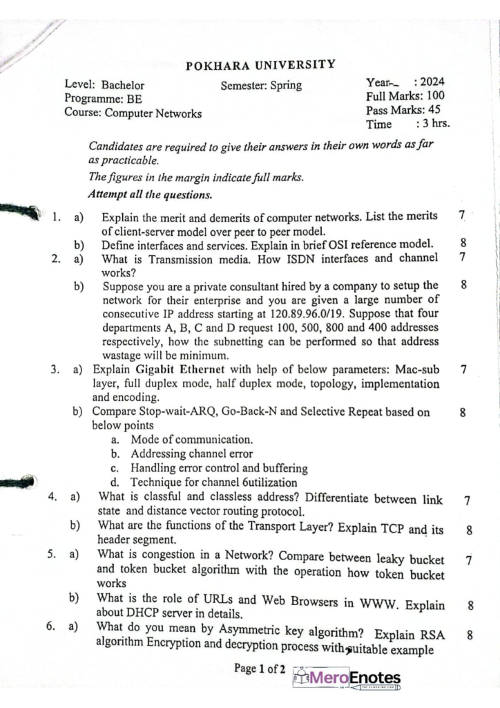 PU BE Computer Computer Networks Question paper 6th Semester