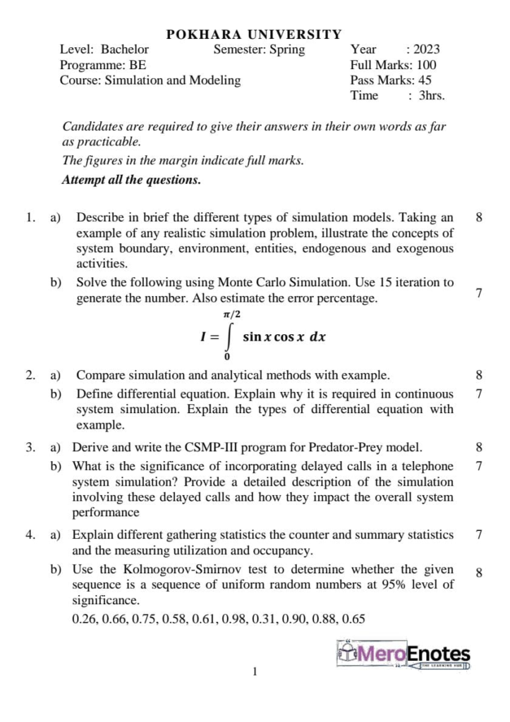 PU BE Computer Simulation and Modeling Question paper 6th Semester