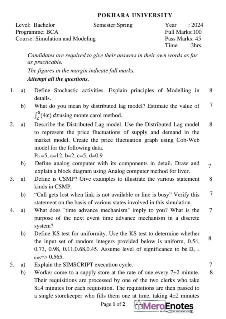 PU BE Computer Simulation and Modeling Question paper 6th Semester
