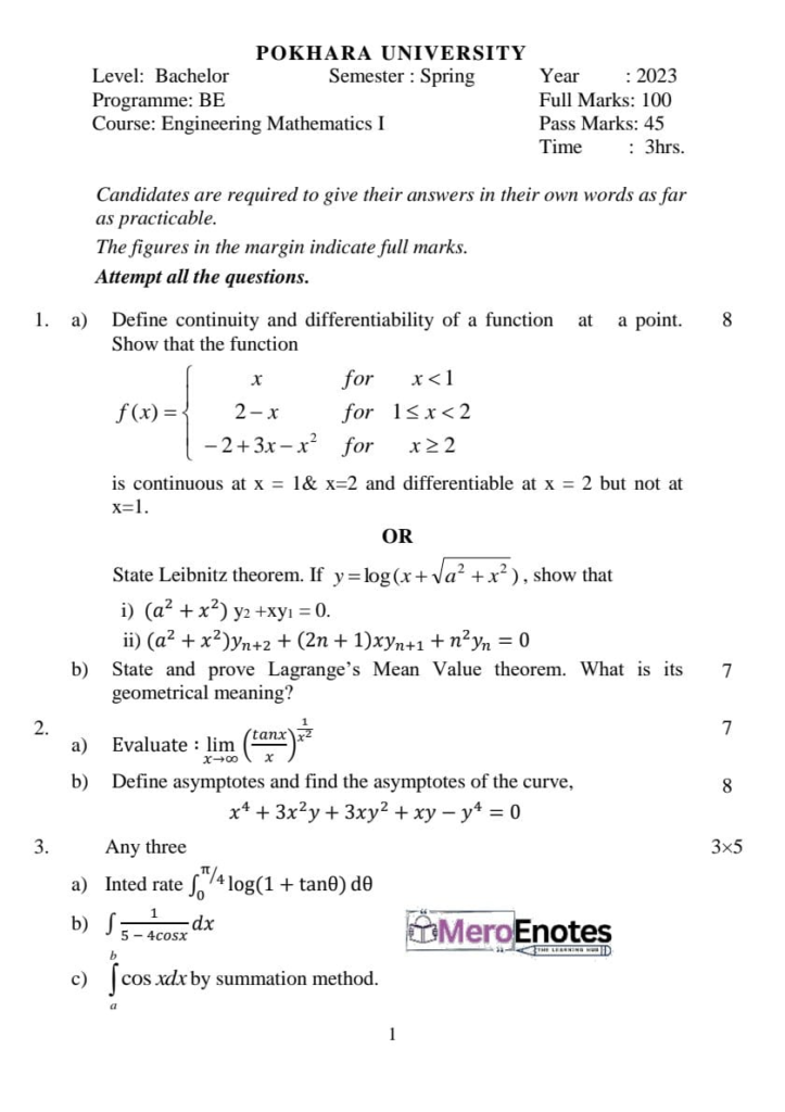 PU BE Civil Engineering Mathematics I Question paper 1st Semester