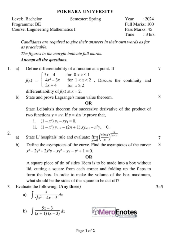 PU BE Civil Engineering Mathematics I Question paper 1st Semester