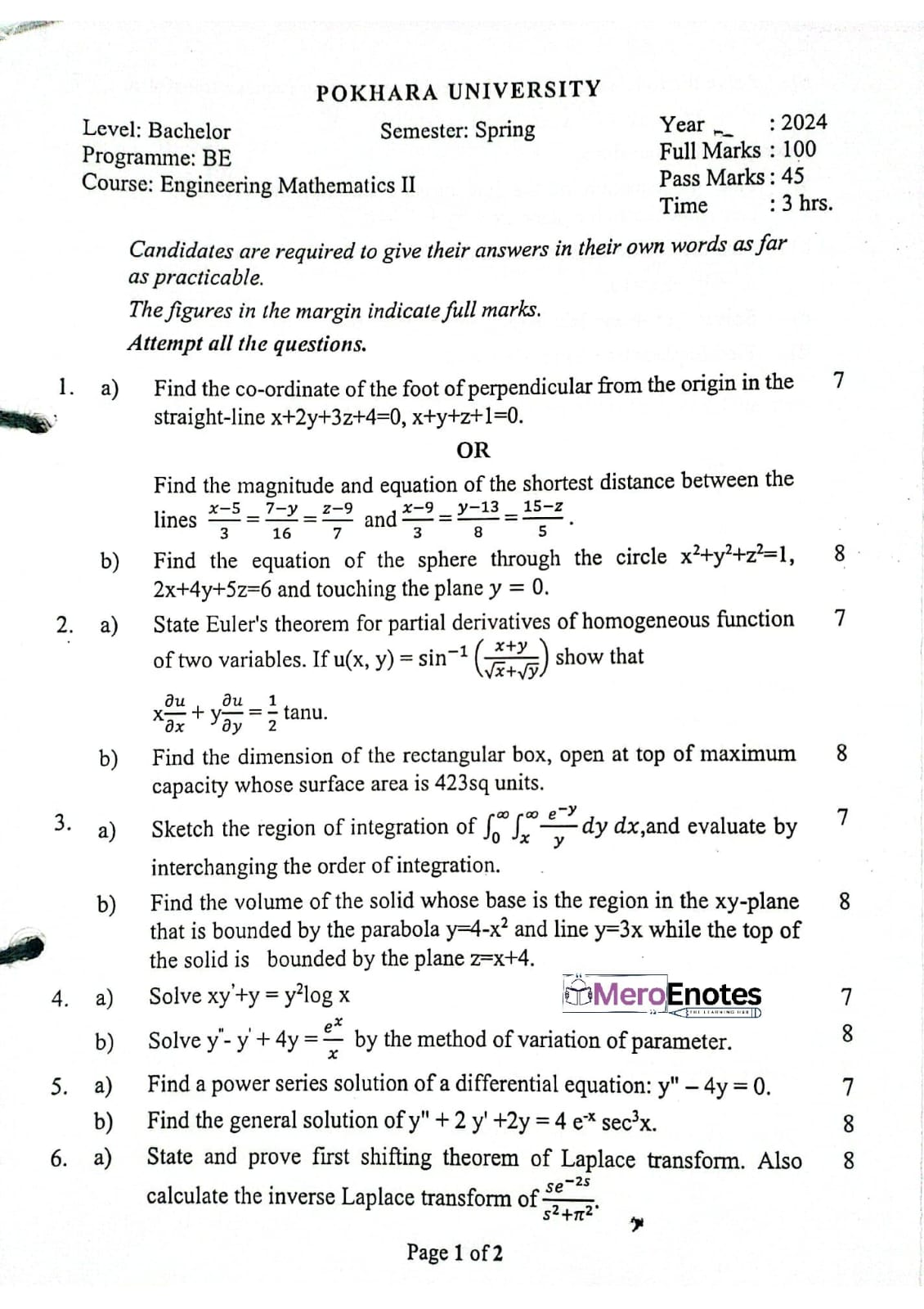 PU BE Civil Engineering Mathematics II Question Paper 2nd Semester ...