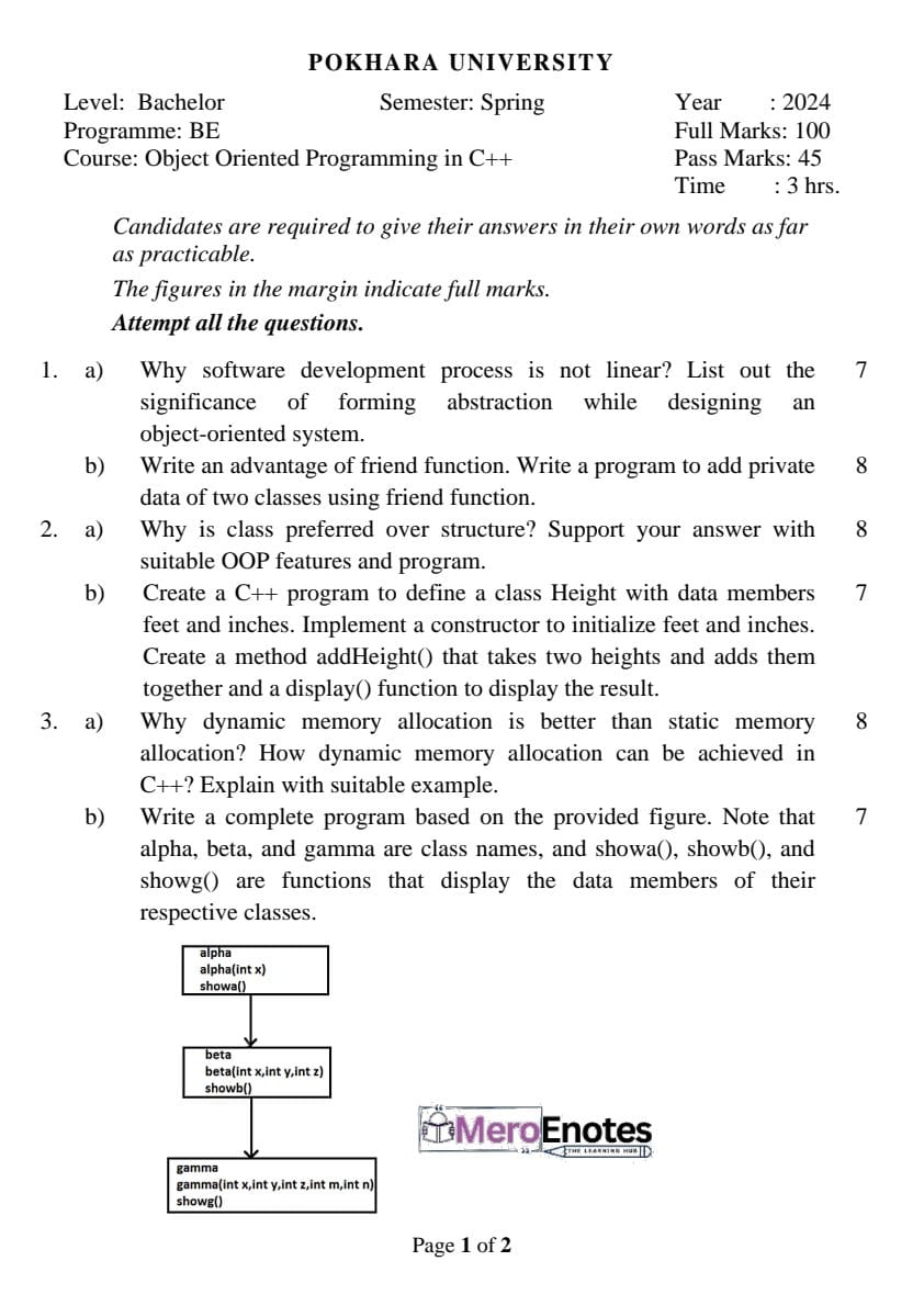 PU BE Civil Object Oriented Programming in C++ Question Paper 2nd ...