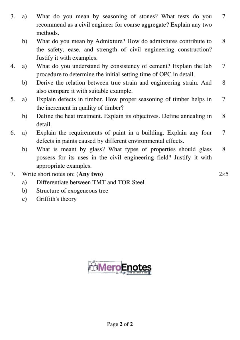 PU BE Civil Civil Engineering Materials Question paper 3rd Semester ...