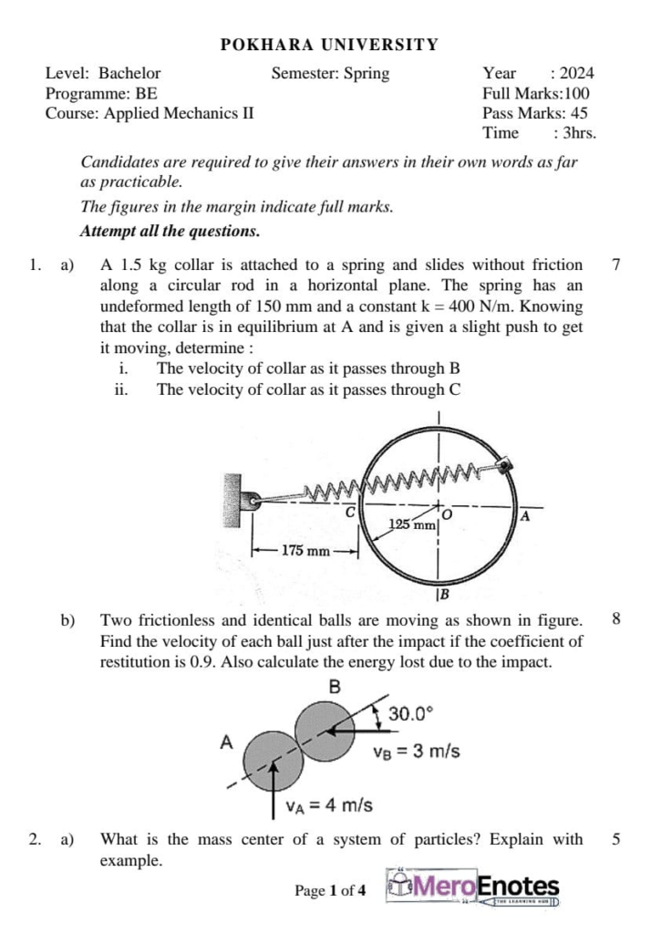 PU BE Civil Applied Mechanics II Question paper 3rd Semester