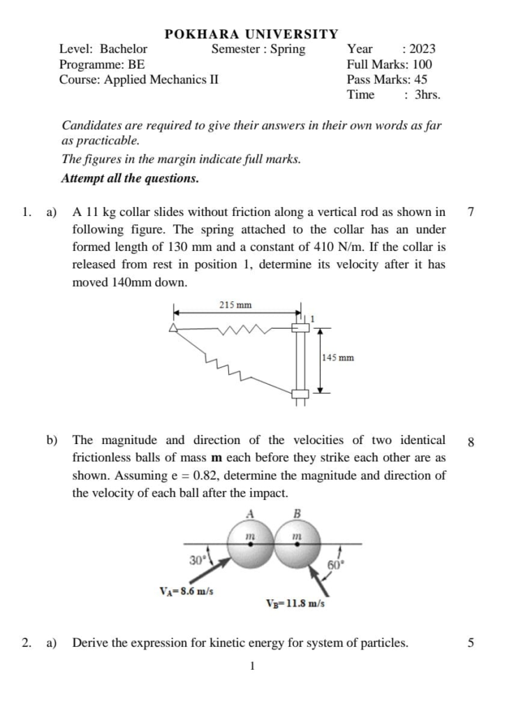 PU BE Civil Applied Mechanics II Question paper 3rd Semester