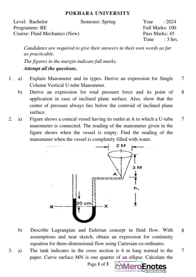 PU BE Civil Fluid Mechanics Question paper 3rd Semester - Mero Enotes
