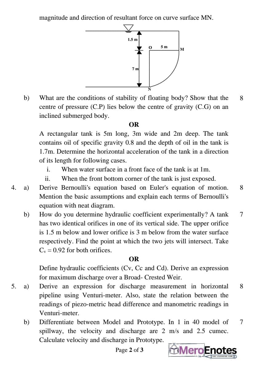 PU BE Civil Fluid Mechanics Question paper 3rd Semester - Mero Enotes