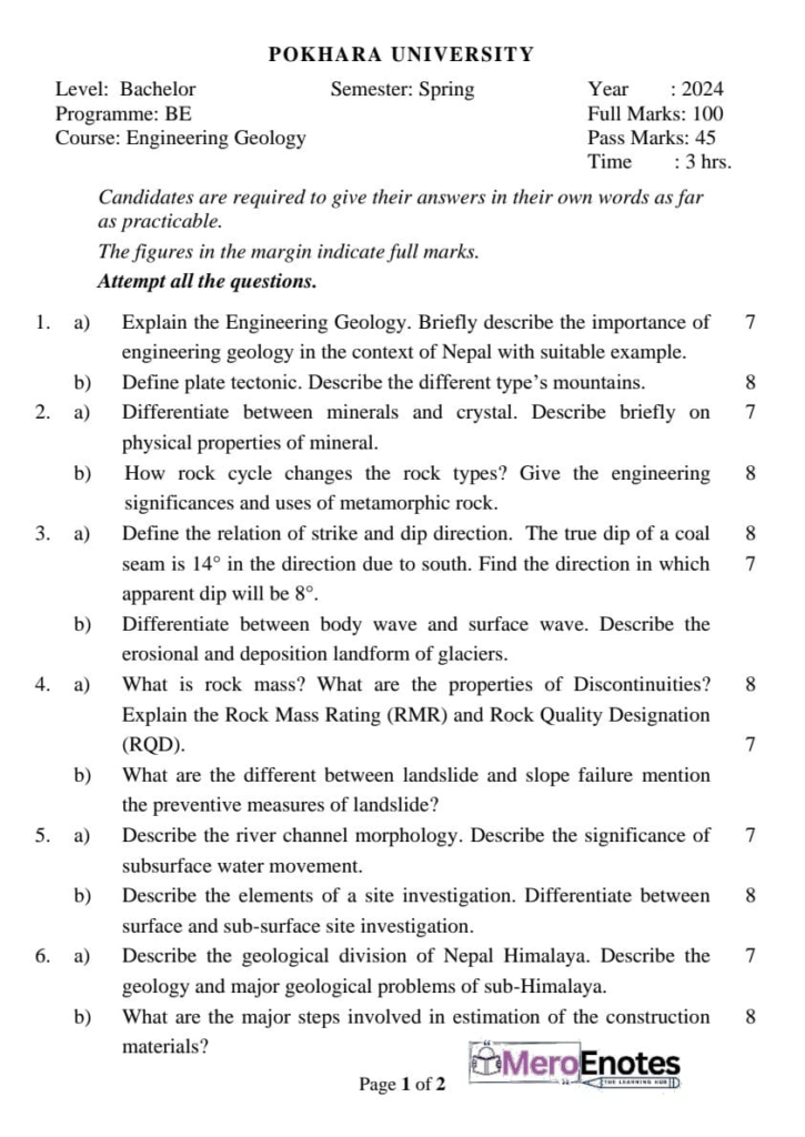PU BE Civil Engineering Geology Question paper 3rd Semester