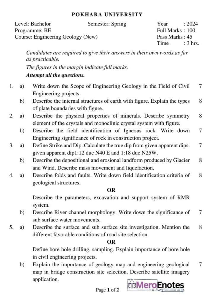 PU BE Civil Engineering Geology Question paper 3rd Semester