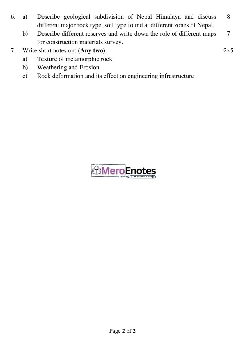 PU BE Civil Engineering Geology Question paper 3rd Semester - Mero Enotes
