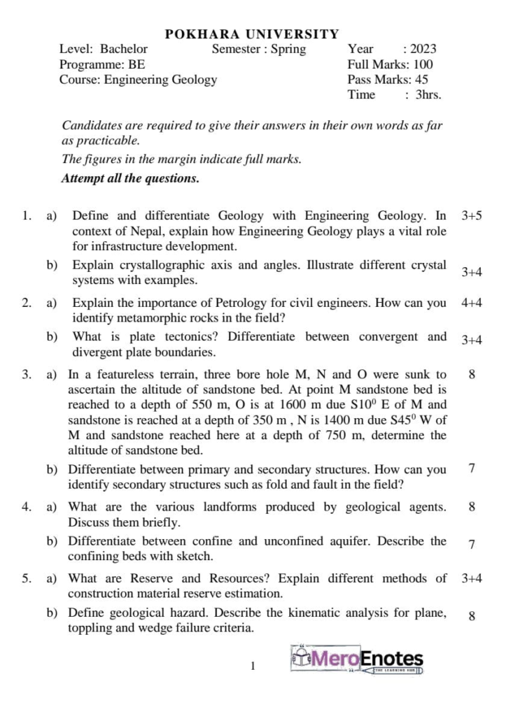 PU BE Civil Engineering Geology Question paper 3rd Semester